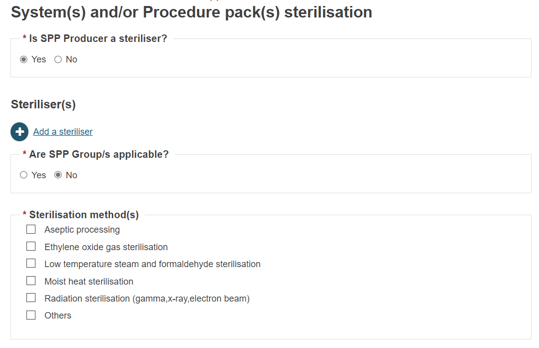 EUDAMED fields in the systems and/or procedure packs sterilisation page