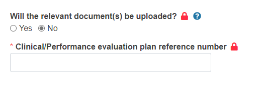 EUDAMED clinical/performance evaluation plan reference number field when no is selected for the will the relevant document(s) be uploaded? field
