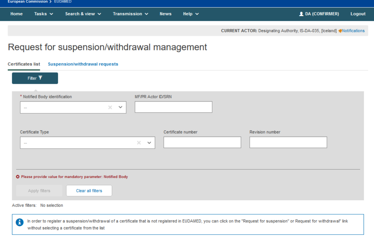 EUDAMED search criteria in the request for suspension/withdrawal management page