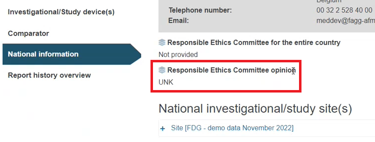 EUDAMED responsible ethics committee opinion in the national information section