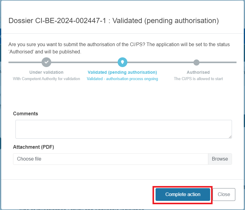 EUDAMED fields in the pop-up window to complete and complete action and close buttons