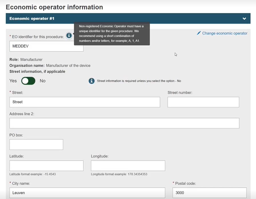 EUDAMED fields in the economic operator information page and change economic operator link