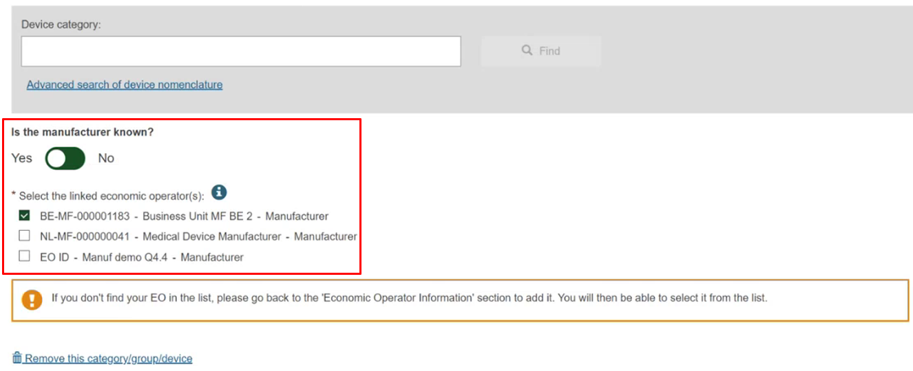 EUDAMED toggle link to known manufacturer