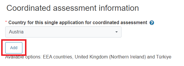 EUDAMED country for this application (eea countries, united kingdom (northern ireland) and Türkiye) field and add button