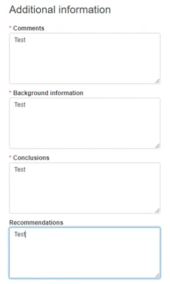EUDAMED Text fields for Comments, Background information, Conclusions, Recommendations