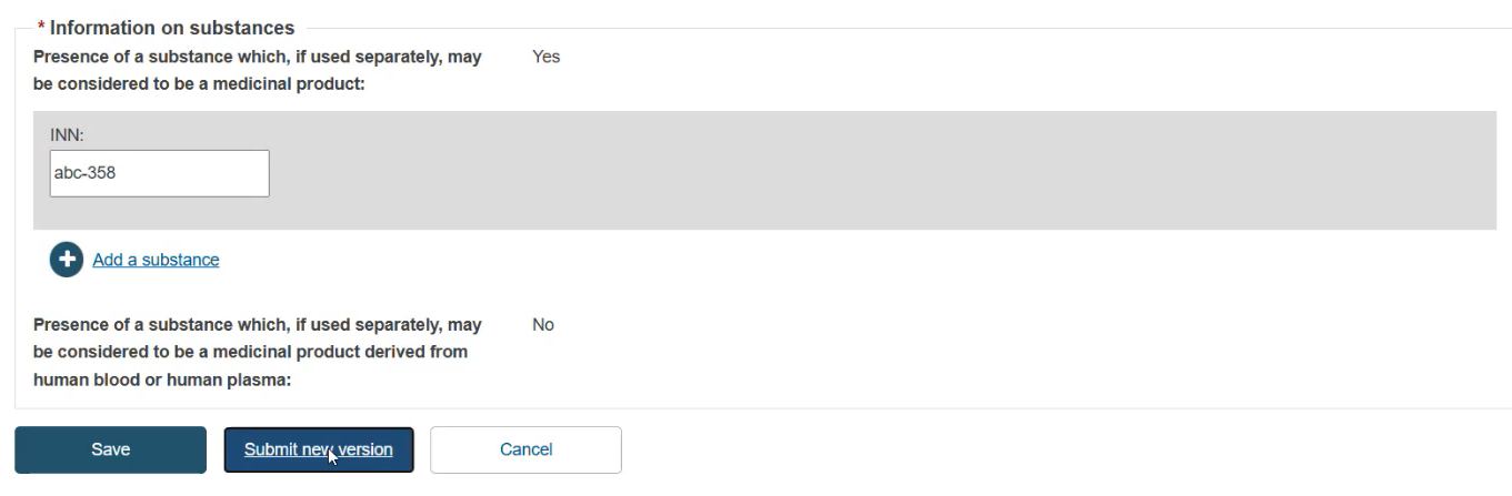 EUDAMED save, submit new version and cancel buttons