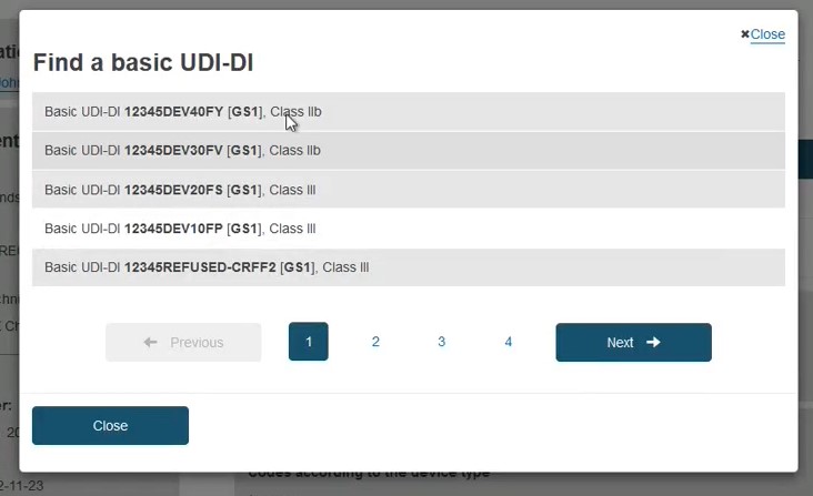 EUDAMED list with registered basic udi-dis, pagination and next and close buttons