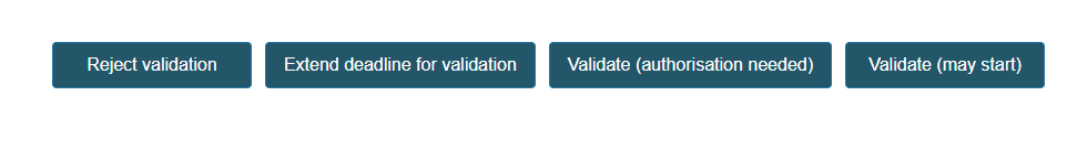 EUDAMED reject validation, extend deadline for validation, validate (authorisation needed) and validate (may start) buttons