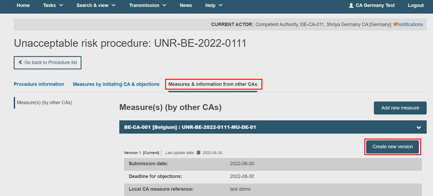 EUDAMED create new version button in the measure and information from other cas tab