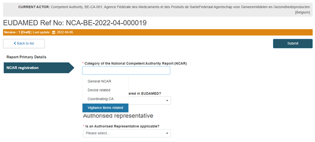 EUDAMED NCAR category drop-down with Vigilance items related NCAR selected