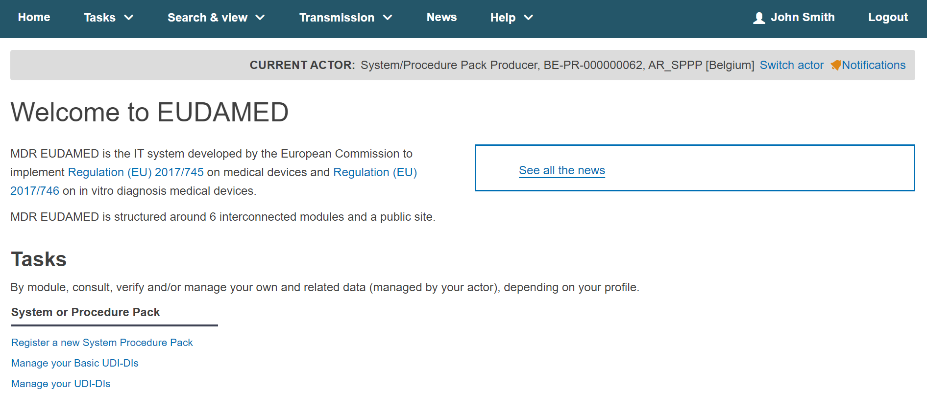 EUDAMED register a new system procedure pack link in the dashboard