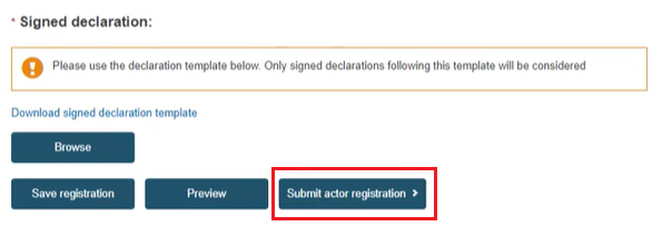 EUDAMED Sponsor registration submit actor request button