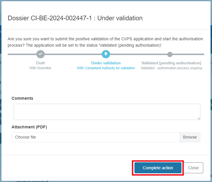 EUDAMED pop-up window with fields to complete and complete action and close buttons