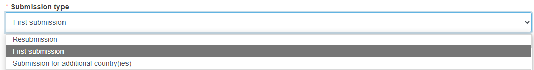 EUDAMED submission type field with available options in the drop-down list