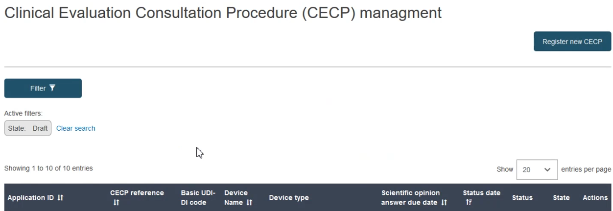 EUDAMED clinical evaluation consultation procedure (cecp) management page