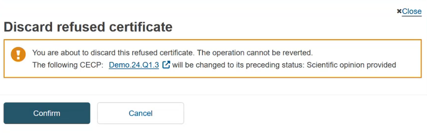EUDAMED confirmation window for discarding a refused certificate