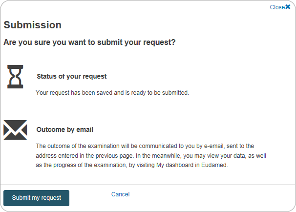 EUDAMED submit my request and cancel buttons