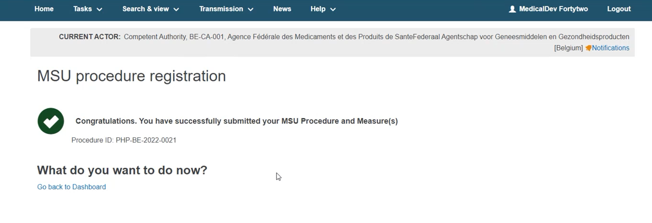 EUDAMED confirmation message after submitting an msu procedure registration