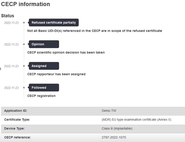 EUDAMED details on the selected cecp in the cecp information page