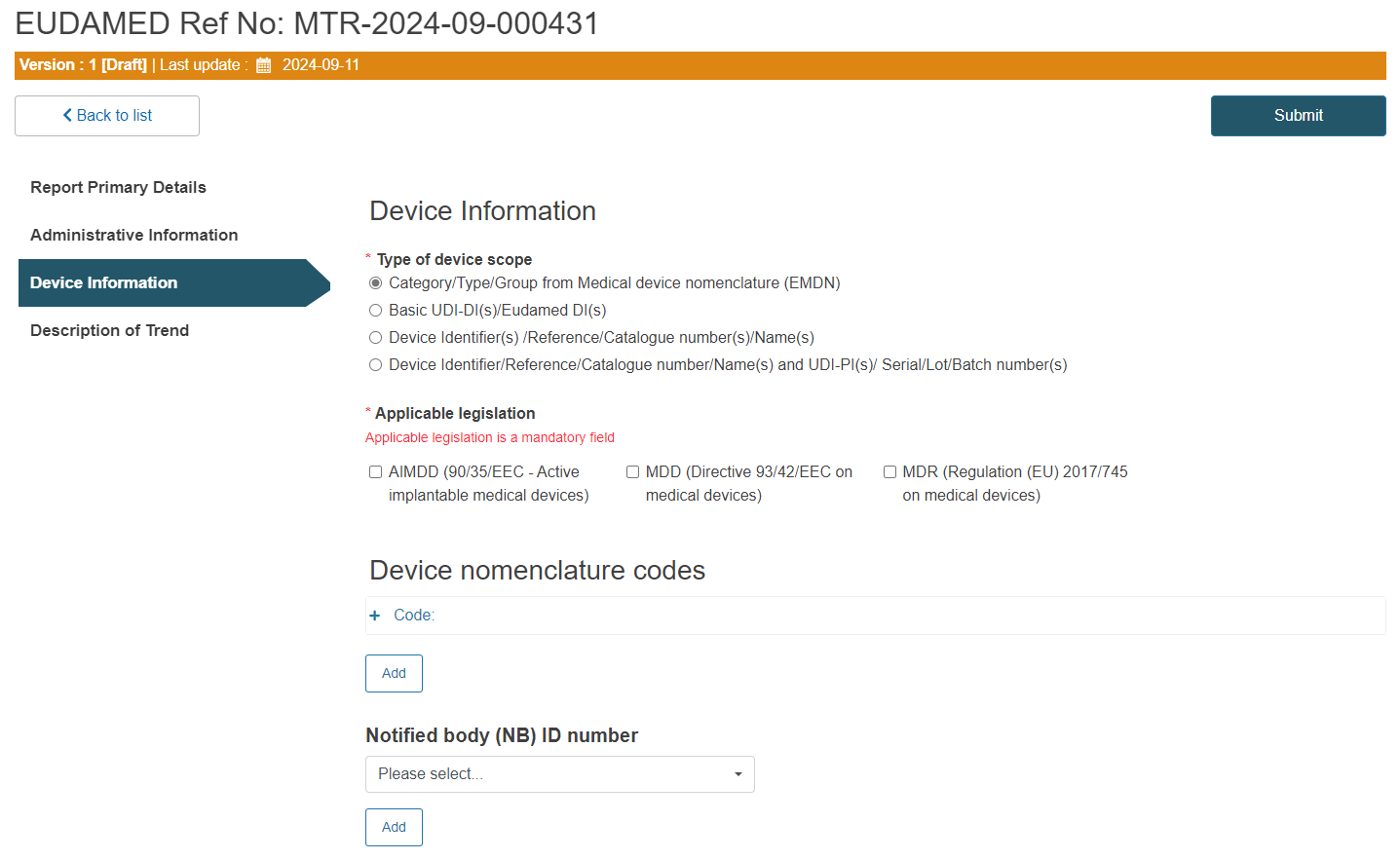 EUDAMED MTR Device info: EMDN scope