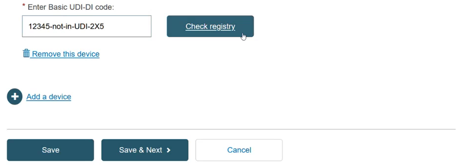 EUDAMED enter the basic udi-di field with check registry button, remove this device and add a device links