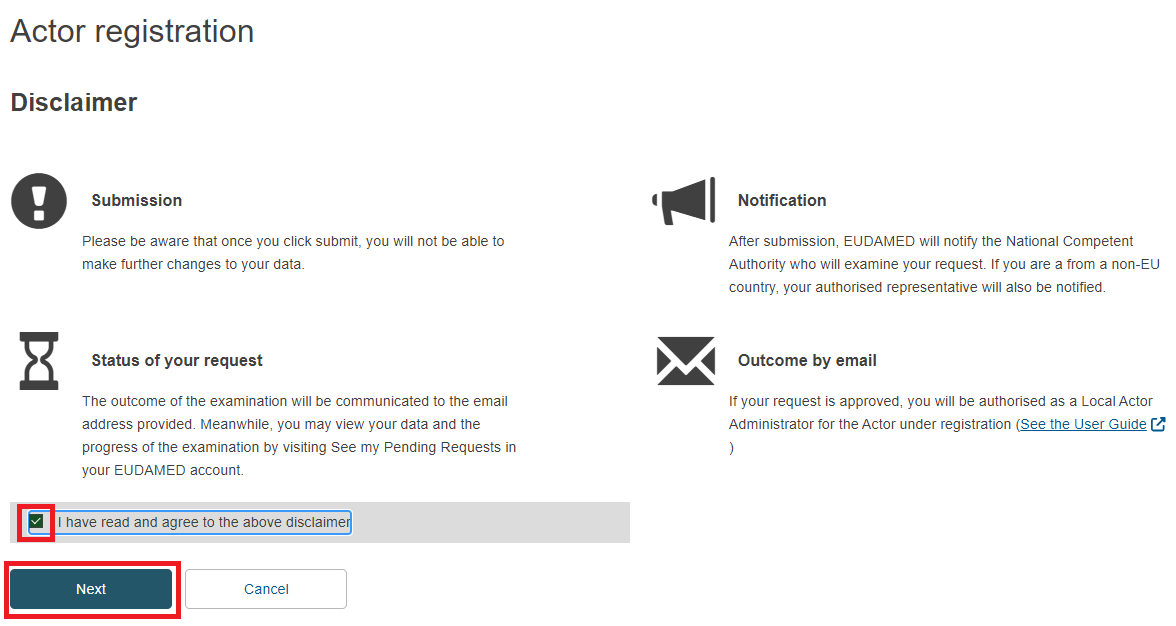EUDAMED actor registration disclaimer