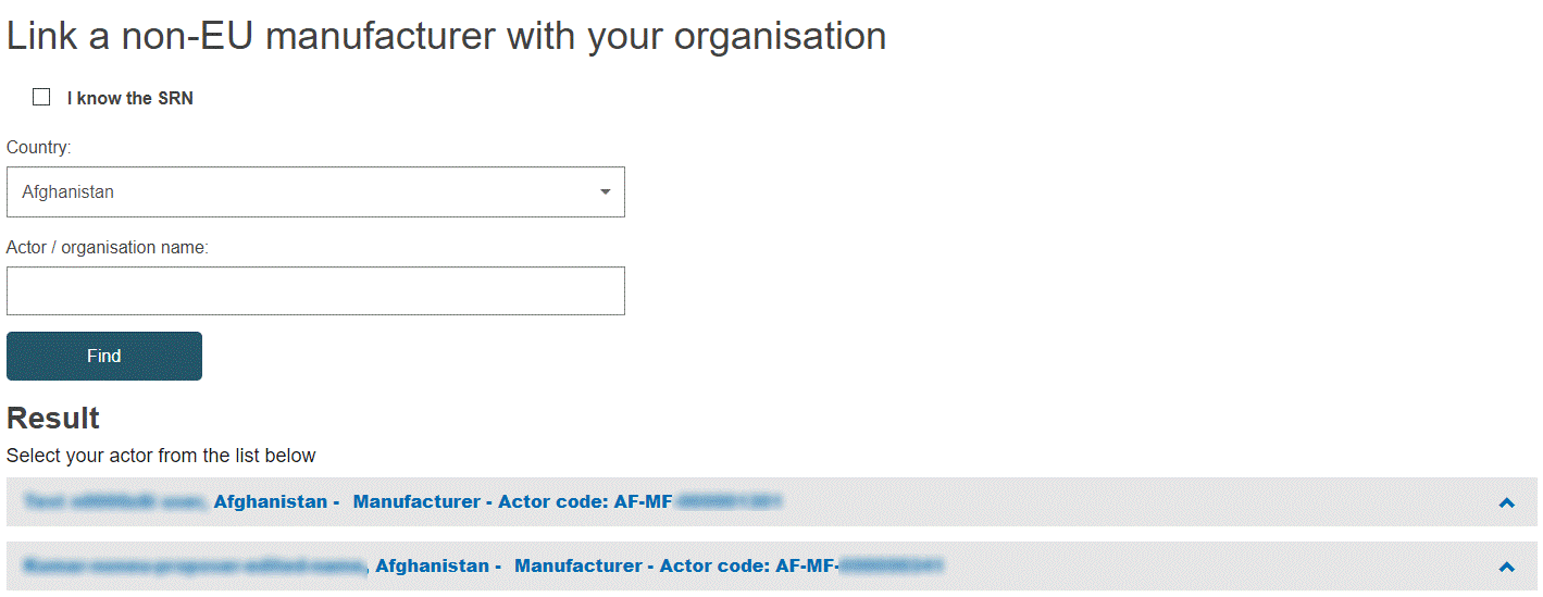 EUDAMED find button when linking a non-EU manufacturer with your organisation