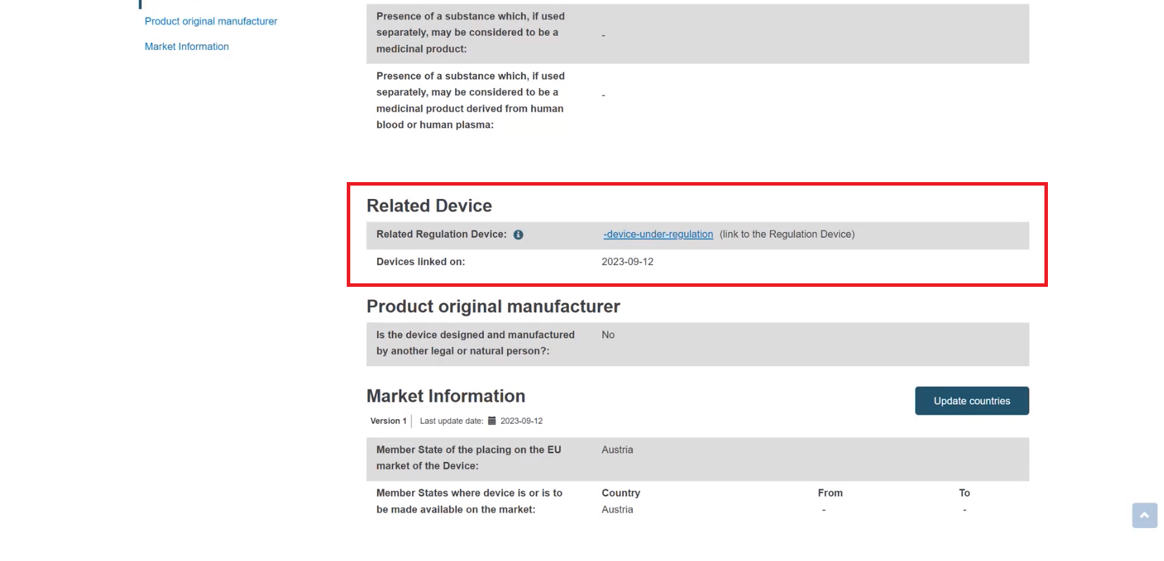 EUDAMED information on the linked regulation device under the related device section
