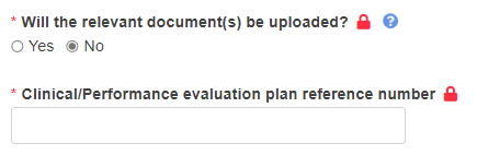 EUDAMED clinical/performance evaluation plan reference number field when no is selected for the will the relevant document(s) be uploaded? field
