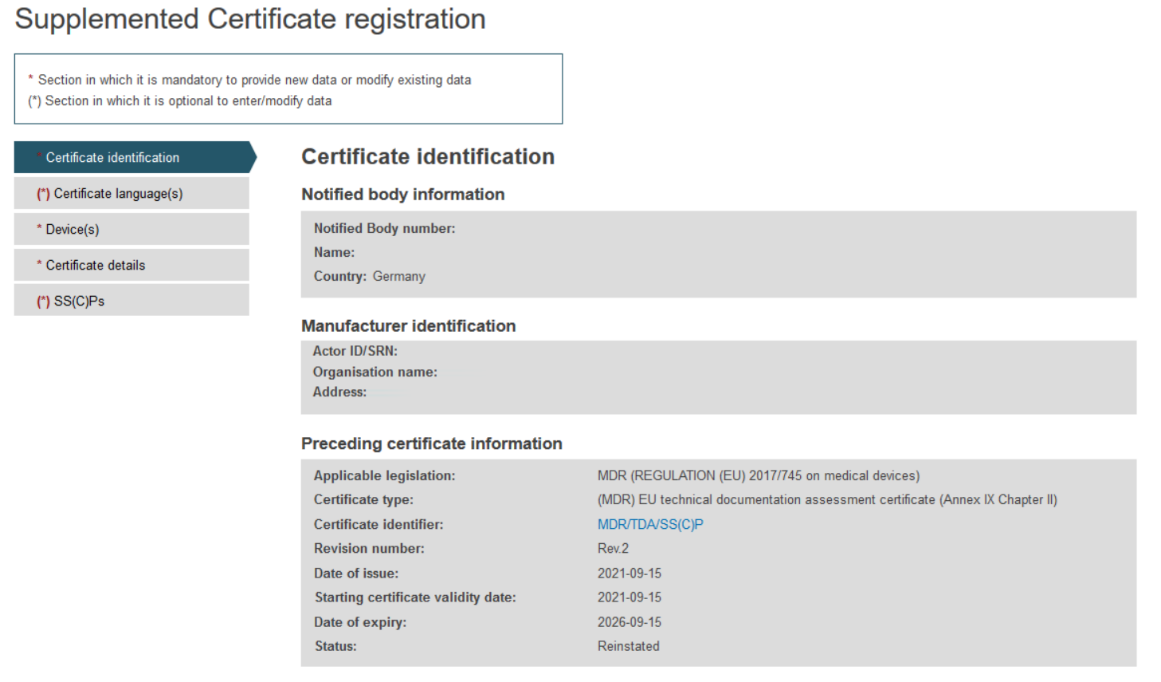 EUDAMED supplement certificate registration page