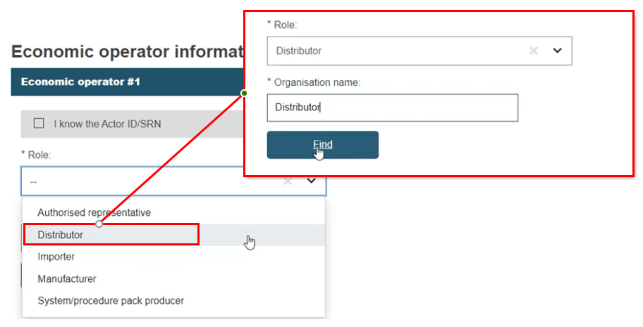 EUDAMED role and organisation name fields and find button