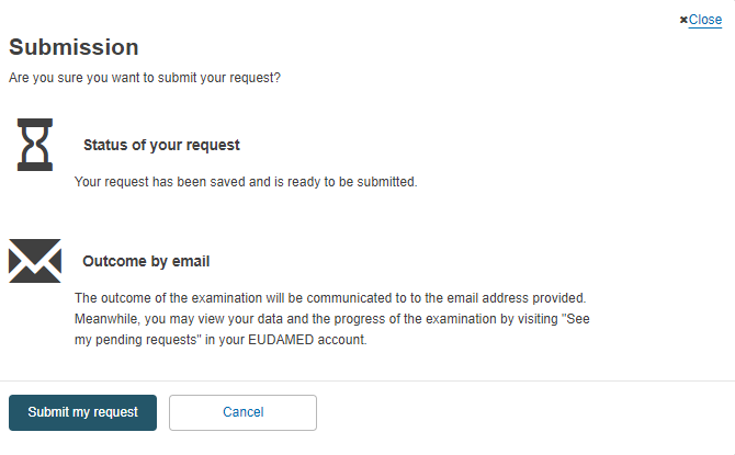 EUDAMED Submit my request button