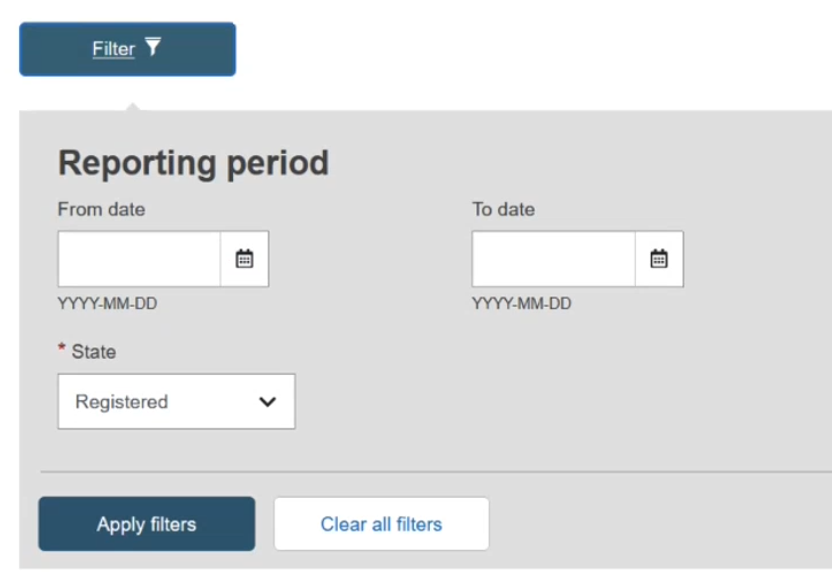 EUDAMED from data, to date and state fields, filter, apply filters and clear all filters buttons in the reporting period section