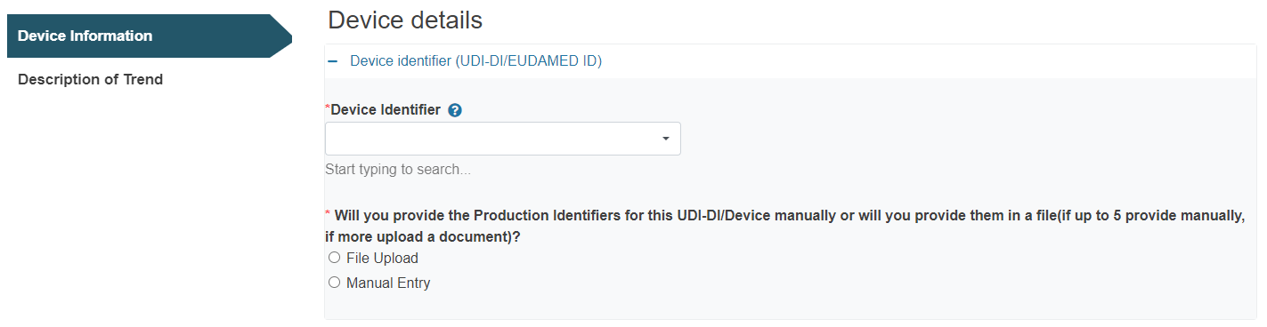 EUDAMED MTR Device info: Device identifier selection field