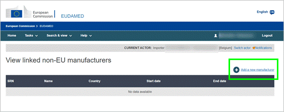 EUDAMED add a new manufacturer link in view linked non-EU manufacturers page