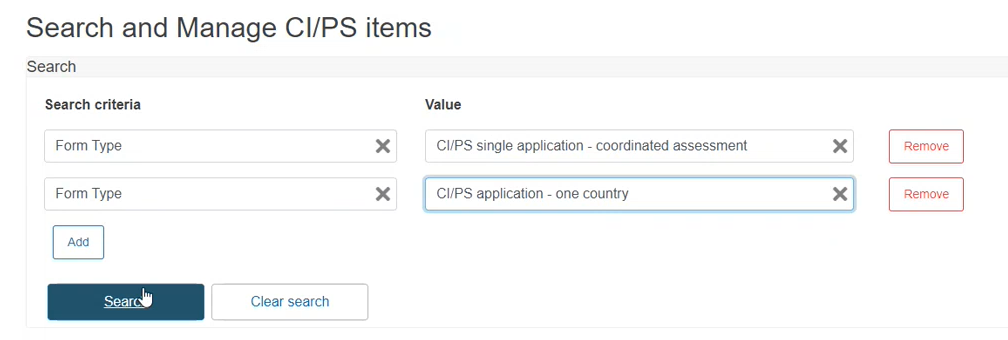 EUDAMED multiple search criteria and values in the search and manage cips items