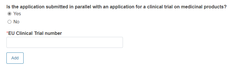 EUDAMED is the application submitted in parallel with an application for a clinical trial on medicinal products? field with yes option selected and eu clinical trial number fields