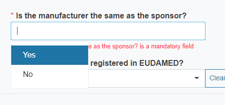 EUDAMED is the manufacturer the same as the sponsor? field