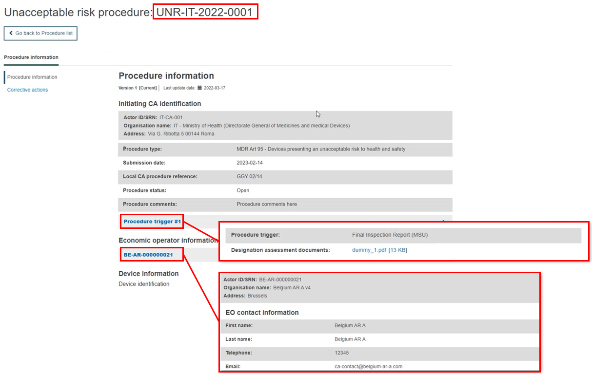 EUDAMED details on the procedure information tab