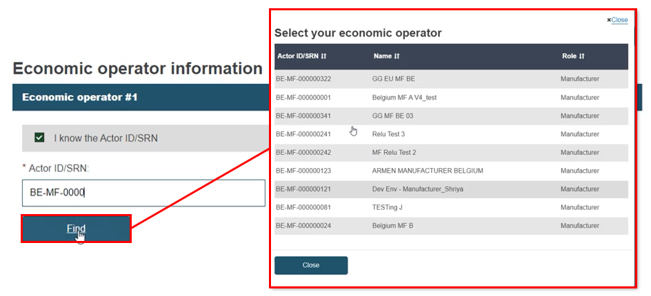 EUDAMED actor id/srn field with find button and list of economic operators