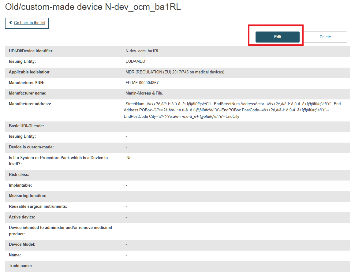 EUDAMED edit button in the old/custom-made device data page