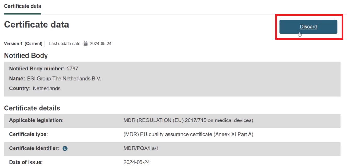EUDAMED discard button in the certificate data page