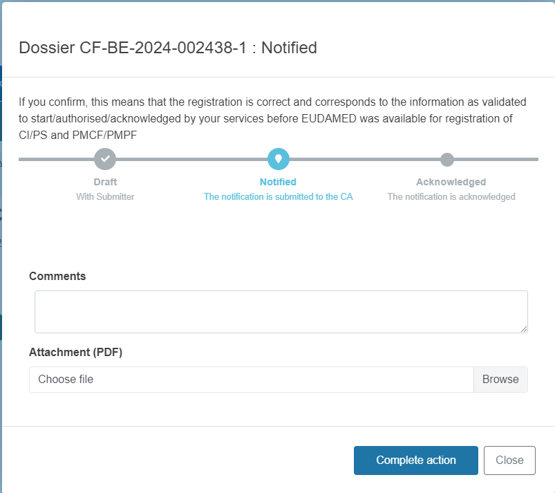 EUDAMED comments and documents fields to accept and complete and close buttons
