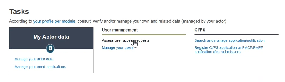 EUDAMED assess user access requests link in user management page