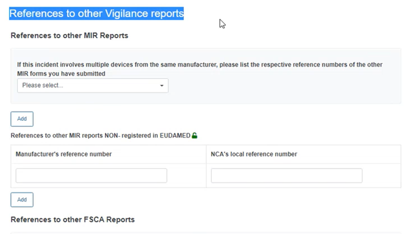 EUDAMED MIR Reference to other Vigilance reports field
