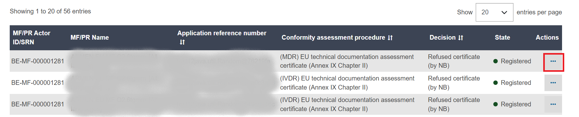 EUDAMED list with certificates, filter and register an issued certificate buttons in the certificate management page