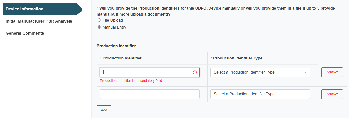 EUDAMED PSR Device info: Production identifier