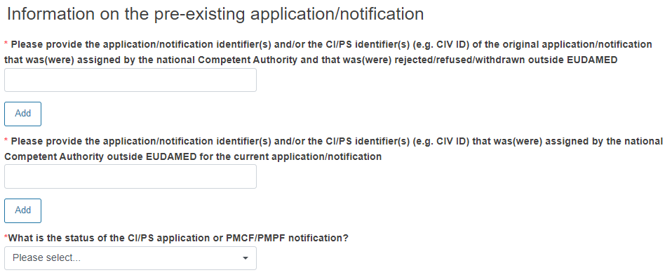 4.PNG EUDAMED fields to complete in the information on the pre-existing application/notification page