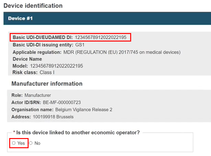 EUDAMED details on a device in the device identification section