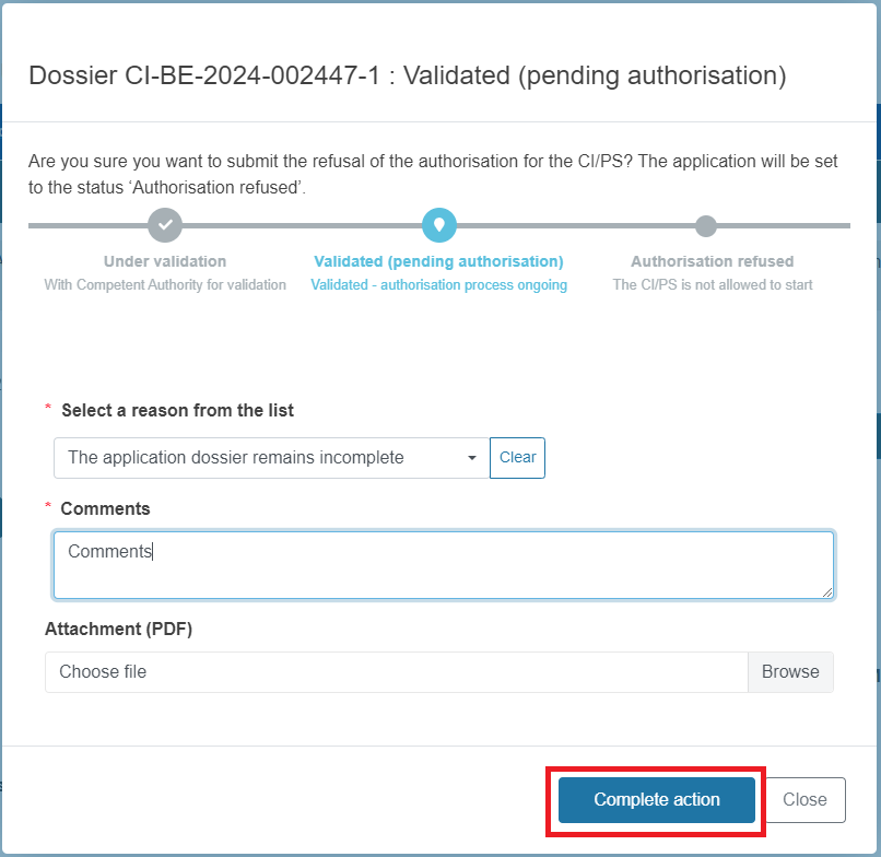 EUDAMED fields in the pop-up window and complete action and close buttons